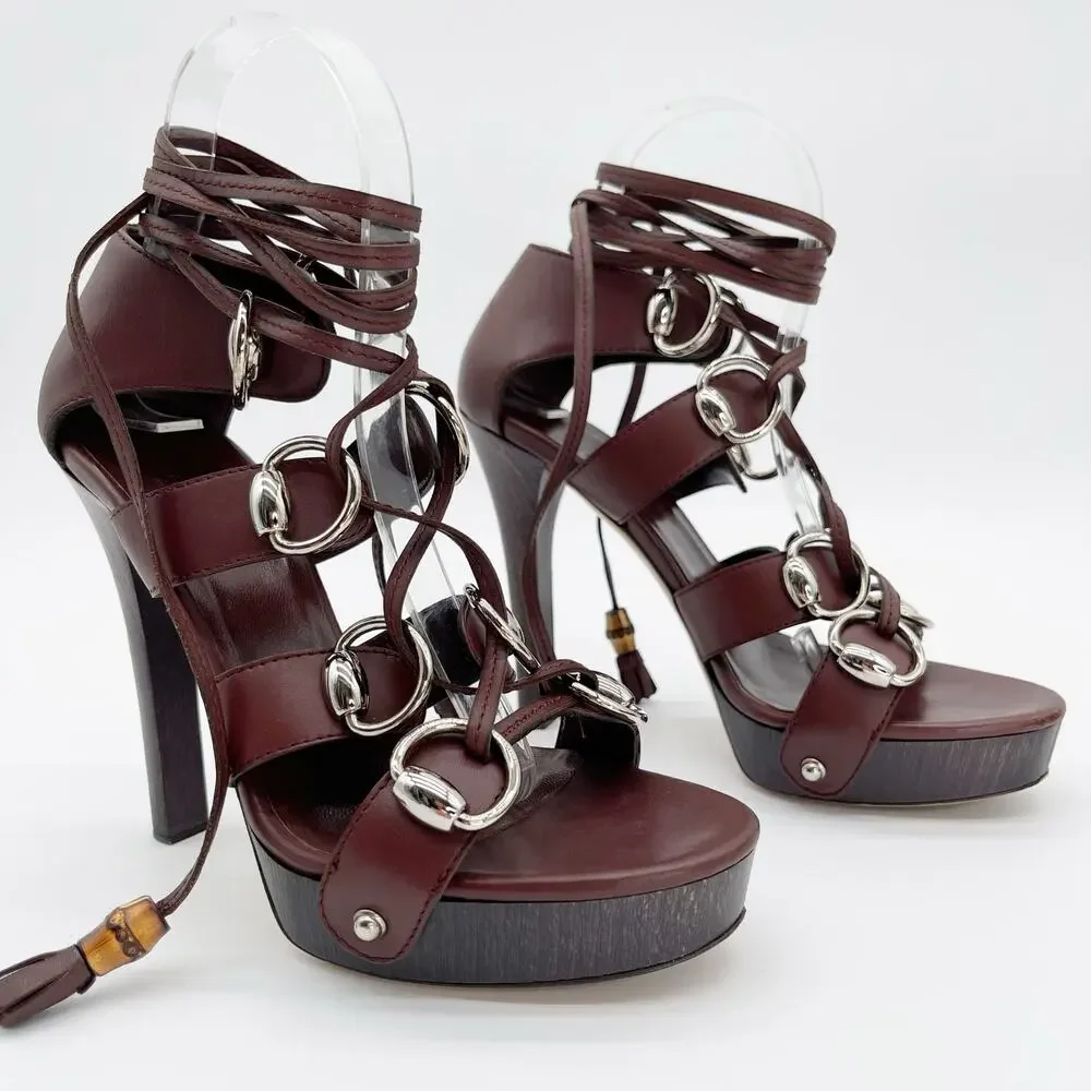 Gucci SS2007 Runway Cage Strappy Platform Lace Up Spice Brown Sandals US 7.5